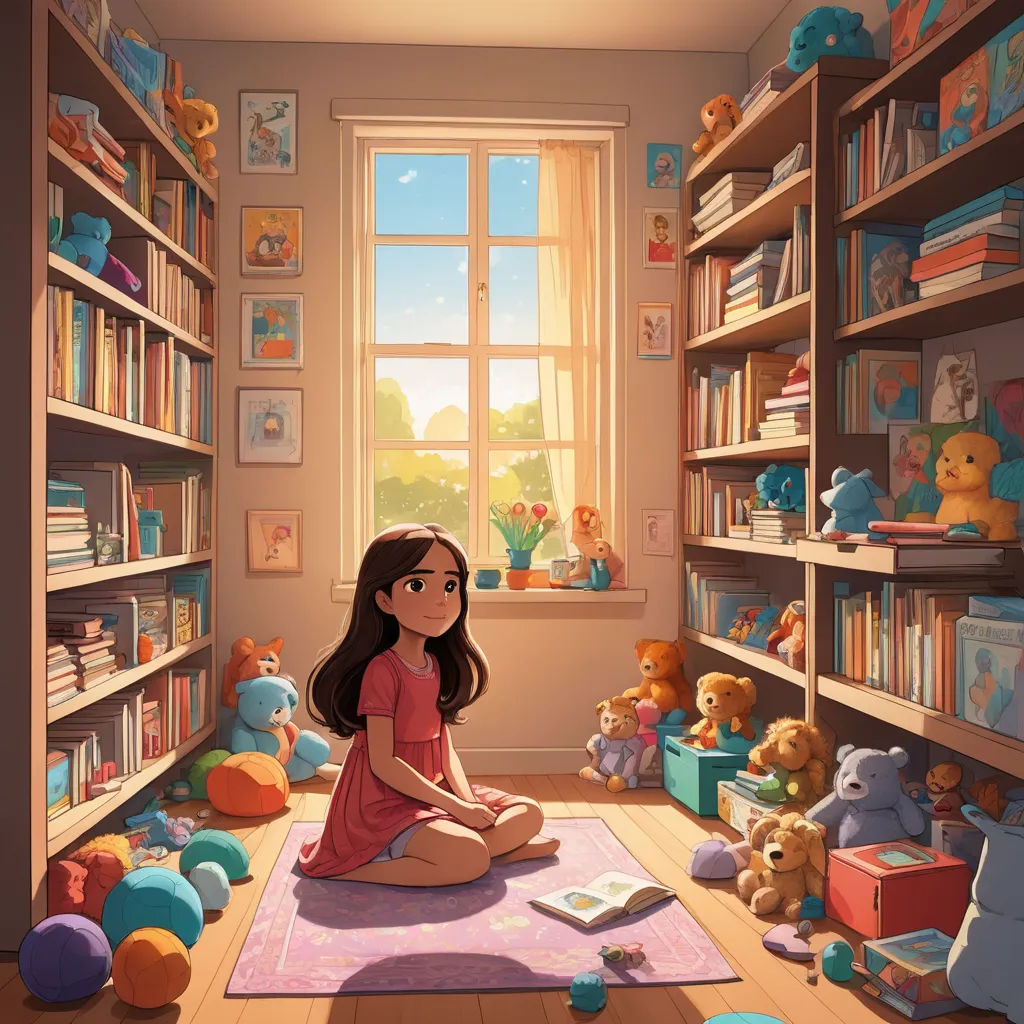 a girl sitting on a rug in a room filled with books and stuffed animals, with a window in the background, furry art, a storybook illustration, Chris LaBrooy, rossdraws global illumination