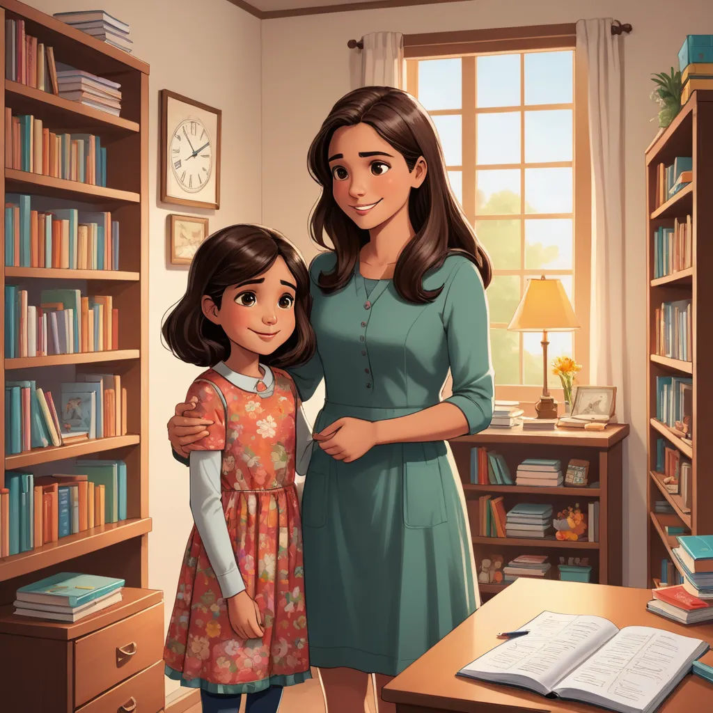a woman and a girl standing in a room with books on the shelves and a clock on the wall, american scene painting, a storybook illustration, disney, storybook illustration