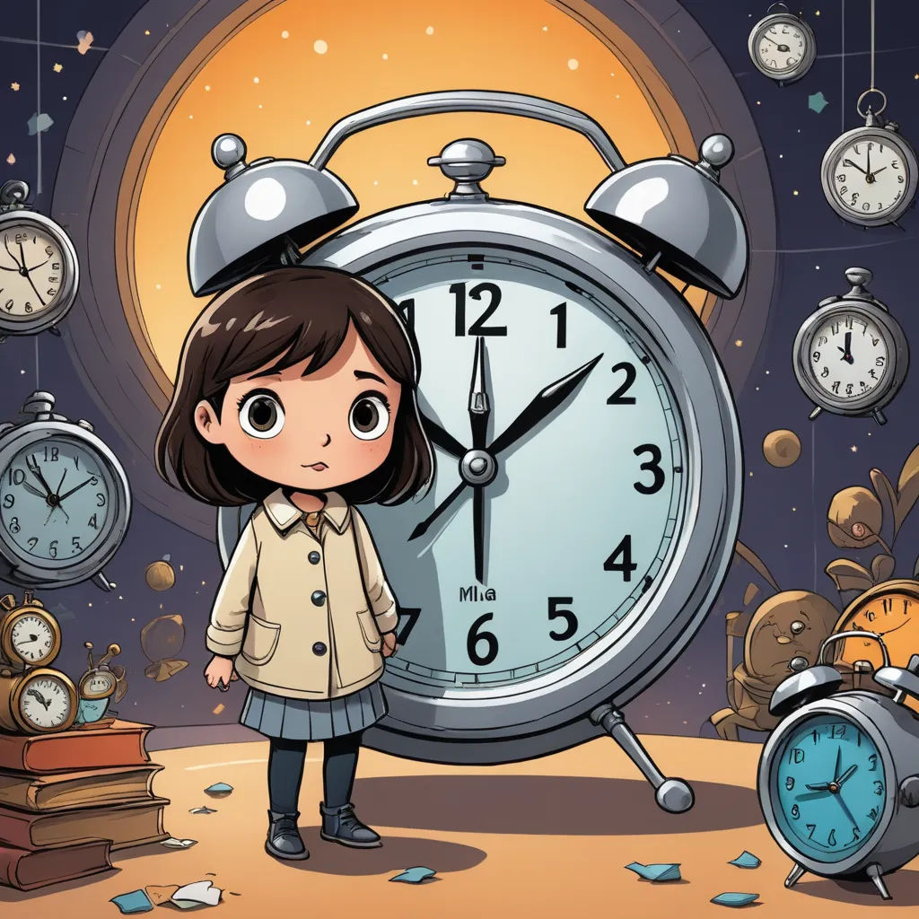 a girl standing next to a clock with many clocks around her and a clock on the wall behind her, magical realism, a storybook illustration, Alice Prin, storybook illustration