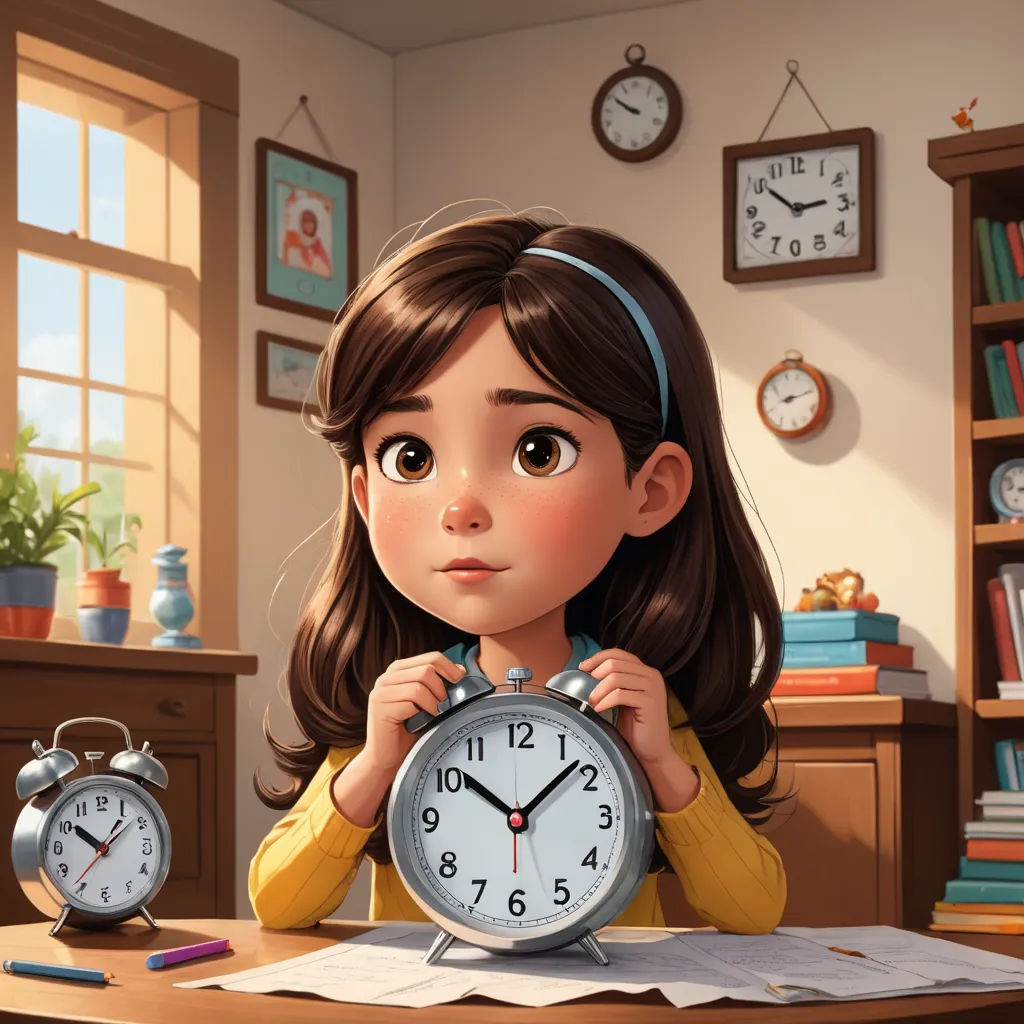 a girl holding a clock in front of a desk with a book and a pen and pencils on it, photorealism, a storybook illustration, Alice Prin, storybook illustration
