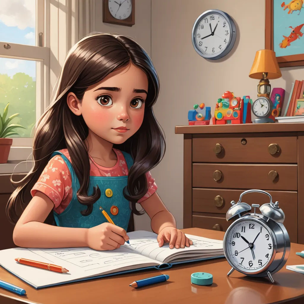 a girl is writing in a book at a desk with a clock and a lamp on the table behind her, photorealism, a storybook illustration, Alejandro Burdisio, cgstudio