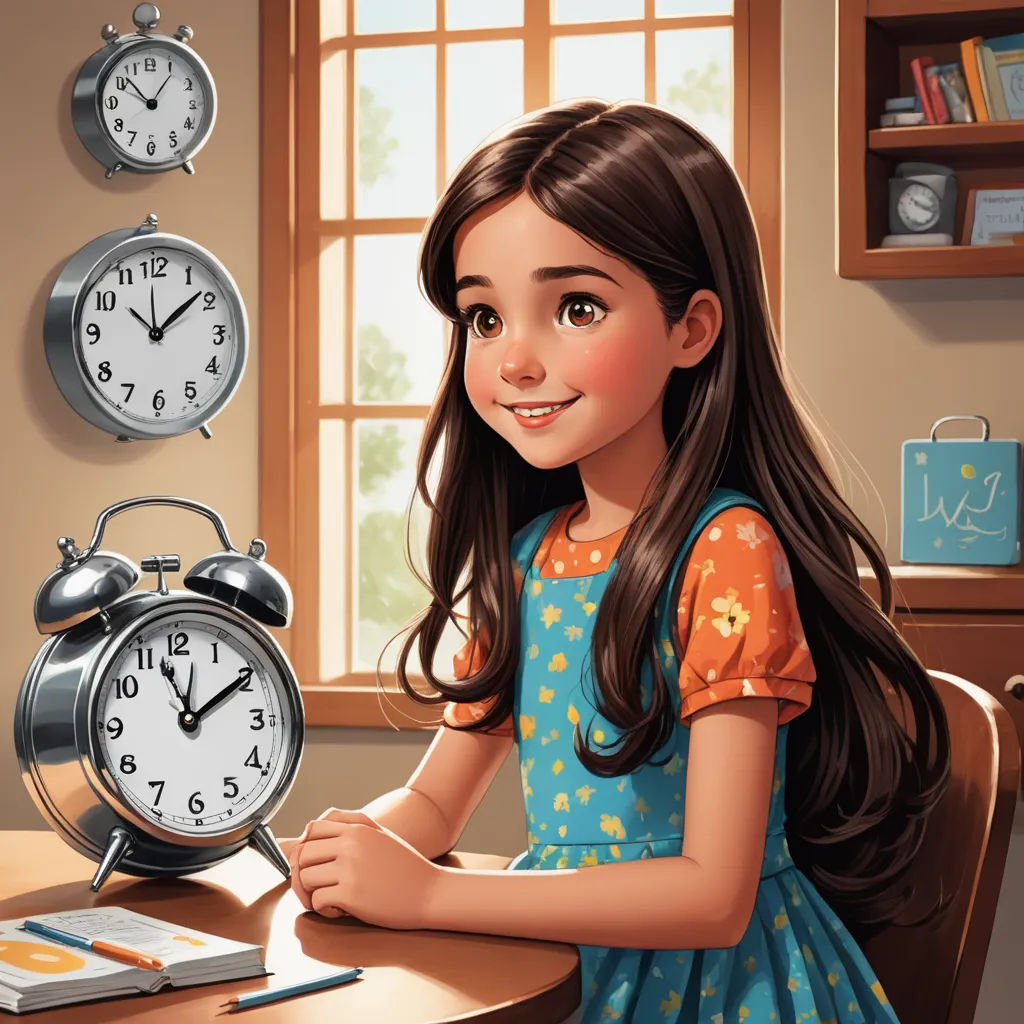 a girl sitting at a desk with an alarm clock in front of her and a clock on the wall, magical realism, a storybook illustration, Alice Prin, storybook illustration