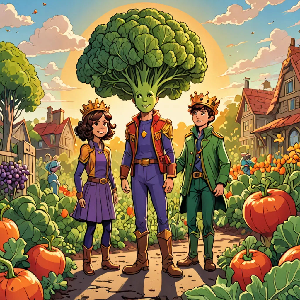 a cartoon of a couple of people standing in a garden with a giant broccoli head on their head, environmental art, a storybook illustration, Charles Bird King, promotional image