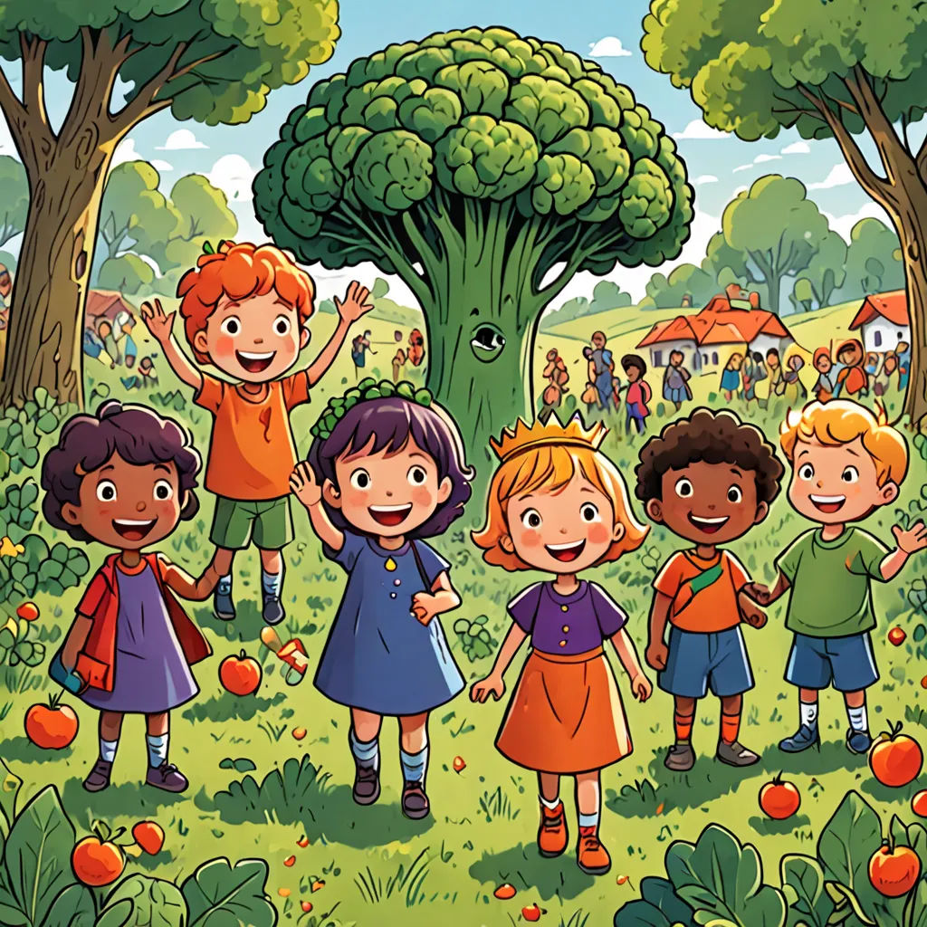 a group of children standing around a tree in a field with an apple tree in the background and a crowd of people standing around, lyco art, a storybook illustration, Andries Stock, promotional image