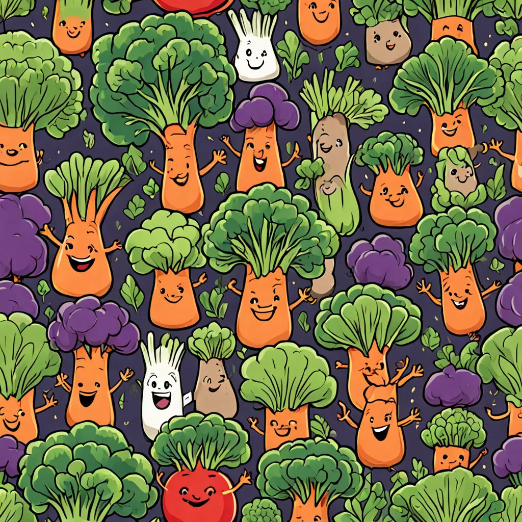 a bunch of vegetables that are on a table together with faces on them and a smile on the top, psychedelic art, a storybook illustration, Chris LaBrooy, highly detailed digital art