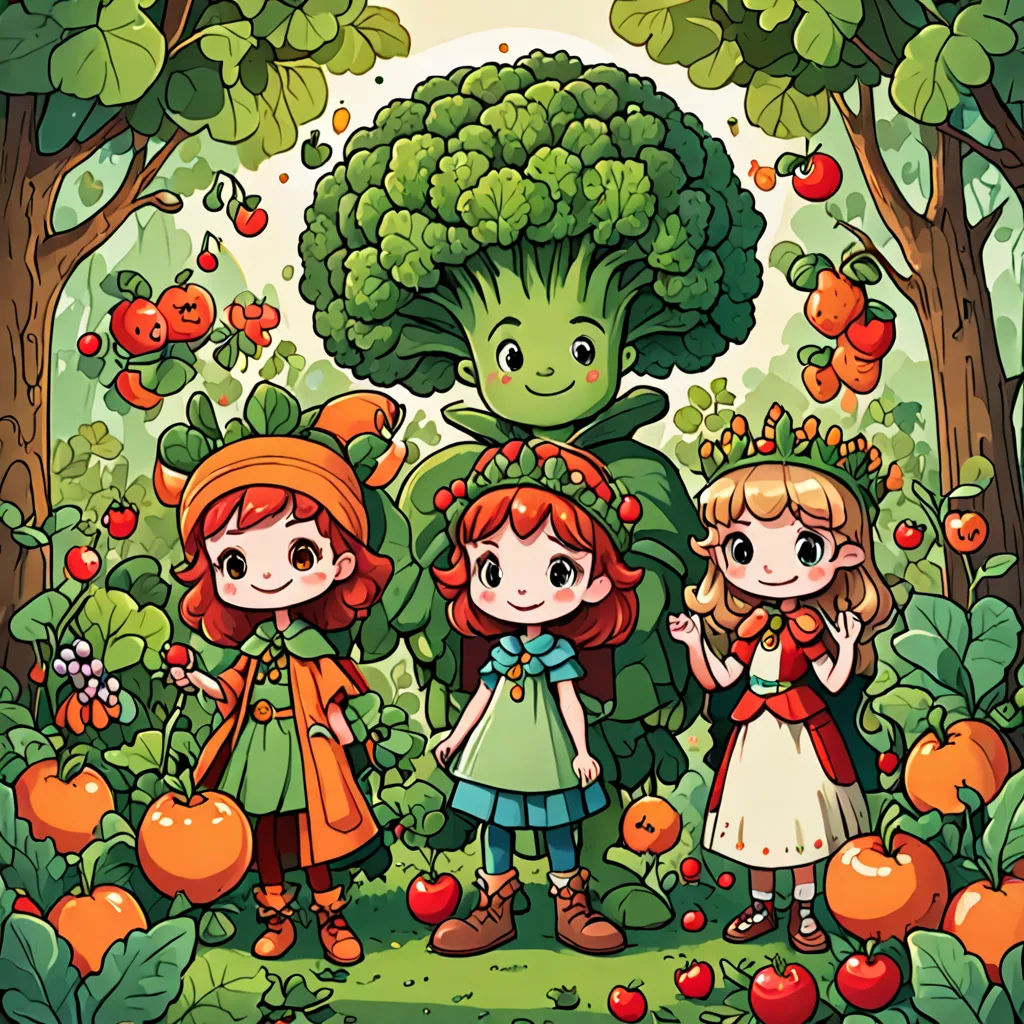three little girls standing in the forest with a giant broccoli head in the background and apples around them, naive art, a storybook illustration, Elsa Beskow, storybook illustration