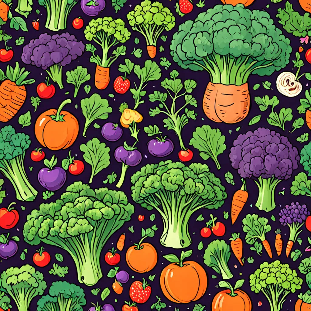 a bunch of different vegetables on a purple background with a black background and a white border with a black border, synthetism, a jigsaw puzzle, Annabel Kidston, highly detailed digital art