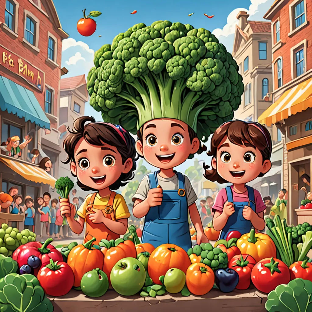 a couple of kids standing in front of a table of vegetables and fruit in a city street market area, lyco art, a storybook illustration, Diego Gisbert Llorens, storybook illustration