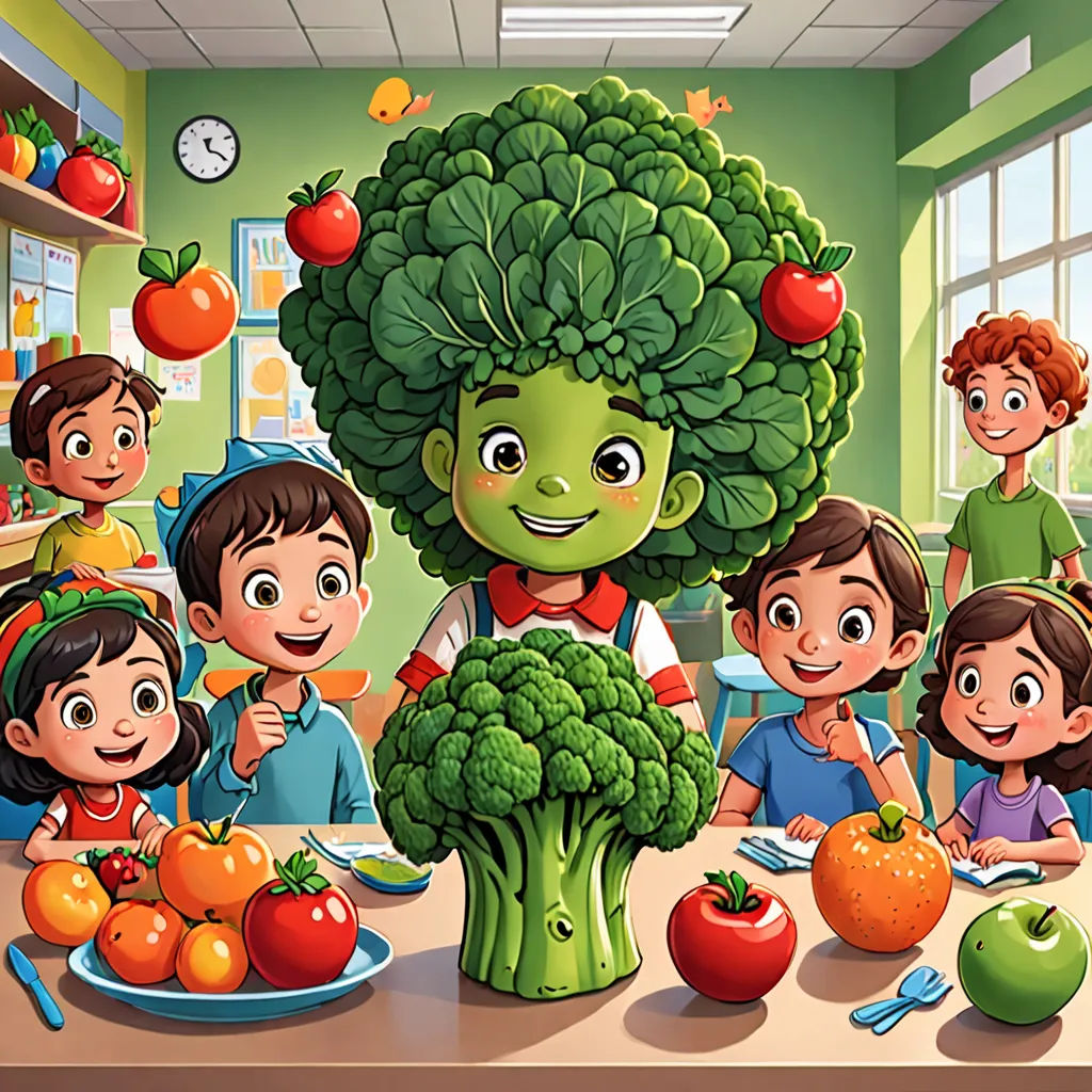 a group of children around a large broccoli plant in a classroom with a teacher and a teacher, lyco art, a storybook illustration, Diego Gisbert Llorens, promotional image