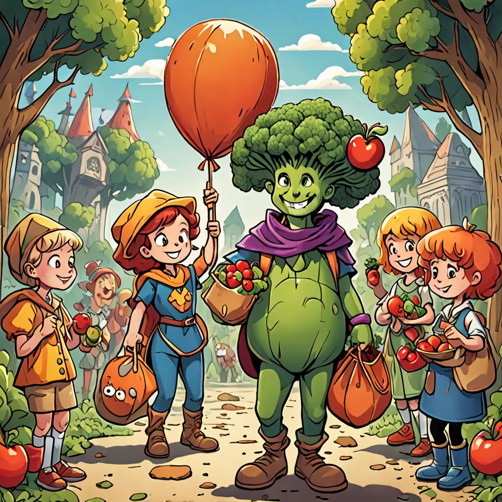 a group of children standing around a giant broccoli character holding a balloon in the air with a bunch of apples, lyco art, a storybook illustration, Cliff Childs, promotional image
