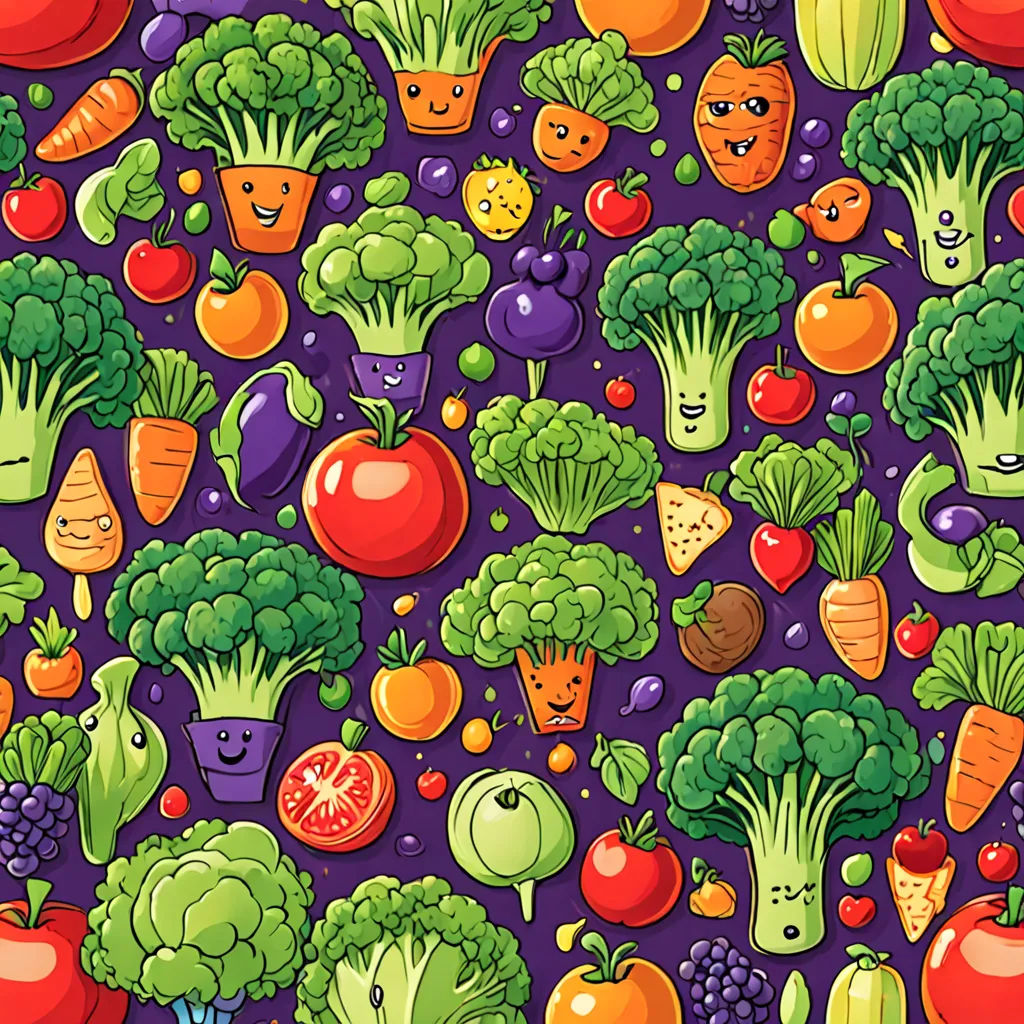 a bunch of vegetables that are on a purple surface with faces drawn on them and smiling faces drawn on them, folk art, a jigsaw puzzle, Chris LaBrooy, highly detailed digital art