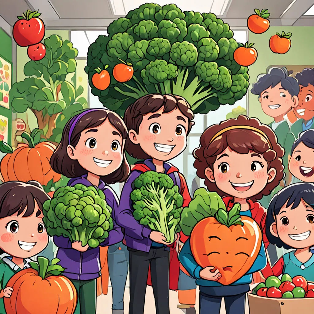 a group of children holding up vegetables in a store with a tree in the background and a sign that says, lettuce, lyco art, a storybook illustration, Cui Bai, promotional image