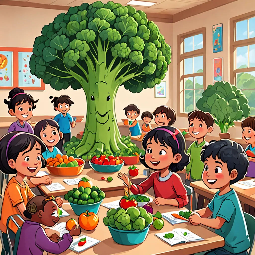 a group of children sitting at a table with a tree in the background and a bowl of fruit on the table, lyco art, a storybook illustration, Diego Gisbert Llorens, promotional image