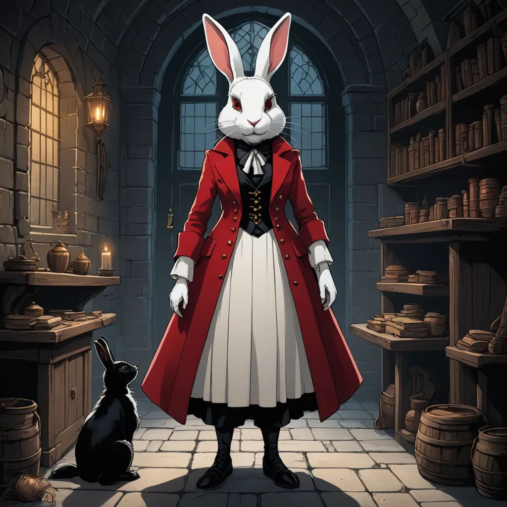 a rabbit dressed in a red coat and white dress standing next to a black rabbit in a dark room, fantasy art, a character portrait, Edgar Ainsworth, magic the gathering artwork