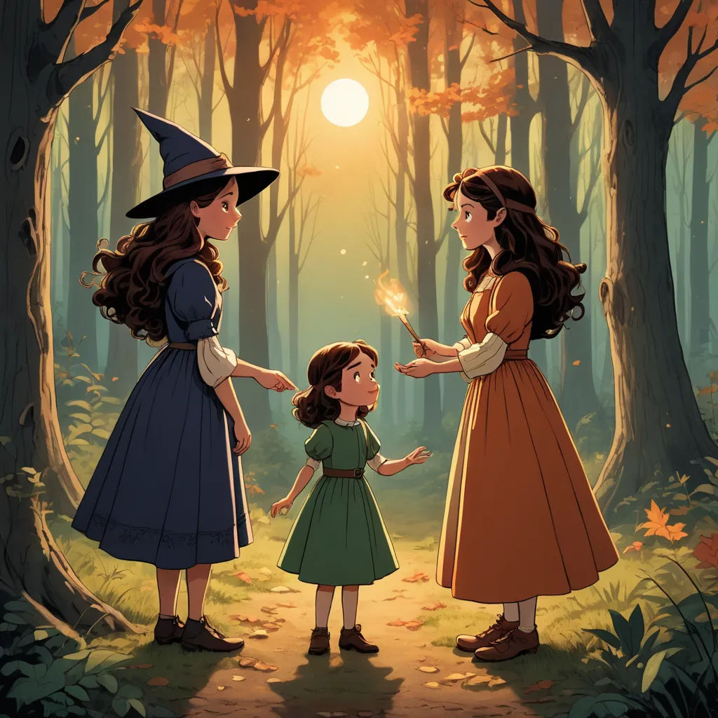 a painting of two girls in a forest with a witch's hat on and a little girl holding a sparkler, serial art, a storybook illustration, Anne Said, official art