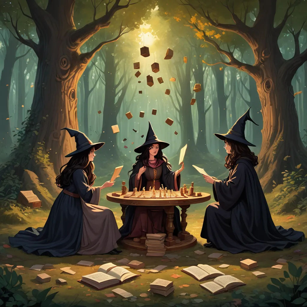 three witches sitting at a table in a forest with books flying from the trees and a book in the air, fantasy art, a storybook illustration, Christophe Vacher, official art