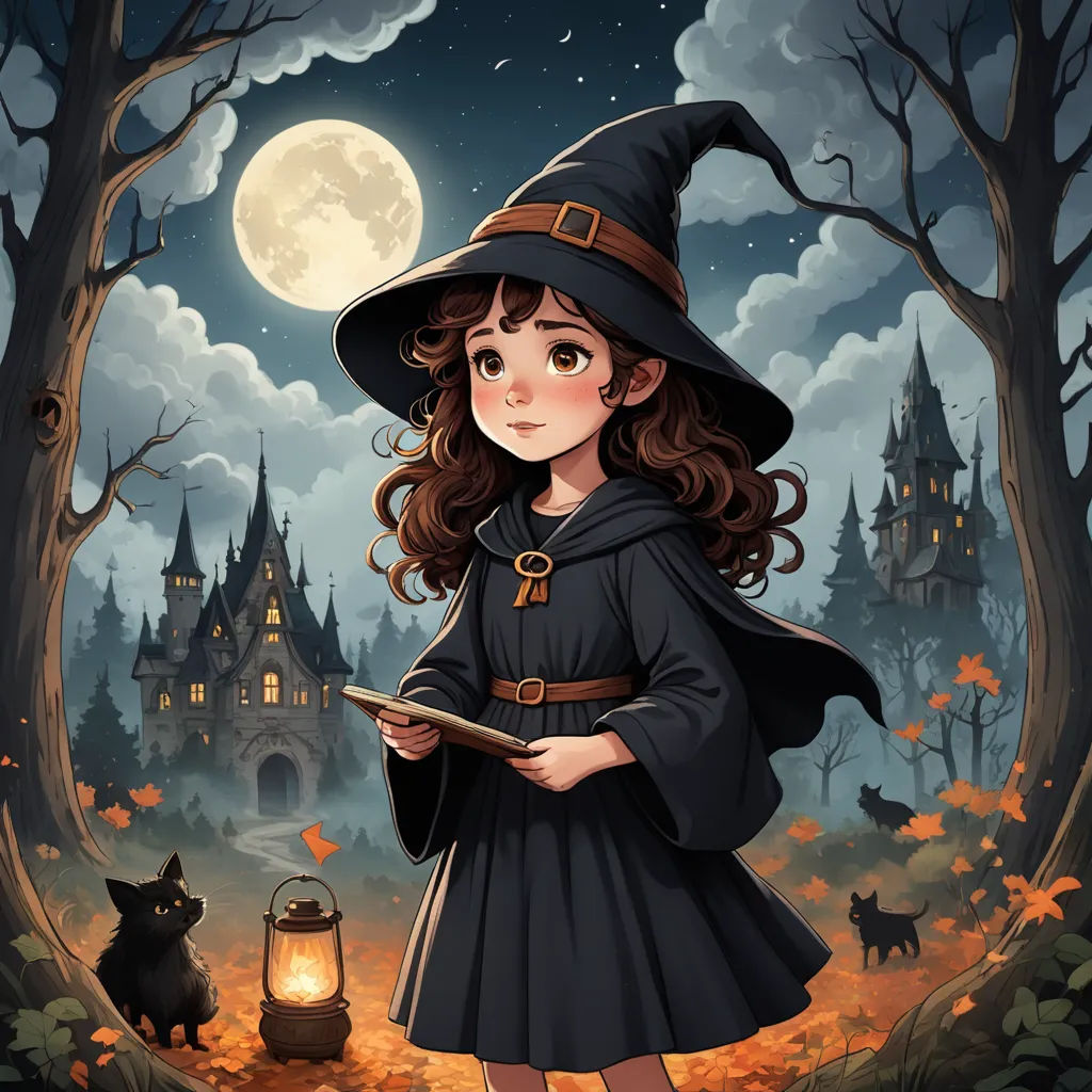a little girl dressed in a witch costume holding a book in front of a full moon and a black cat, fantasy art, a storybook illustration, Cliff Childs, trending on art station