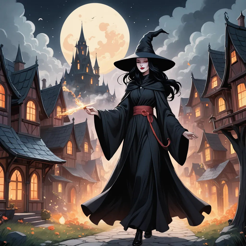 a woman dressed in a witch costume is walking through a town at night with a full moon in the background, fantasy art, a storybook illustration, Art of Brom, magic the gathering artwork