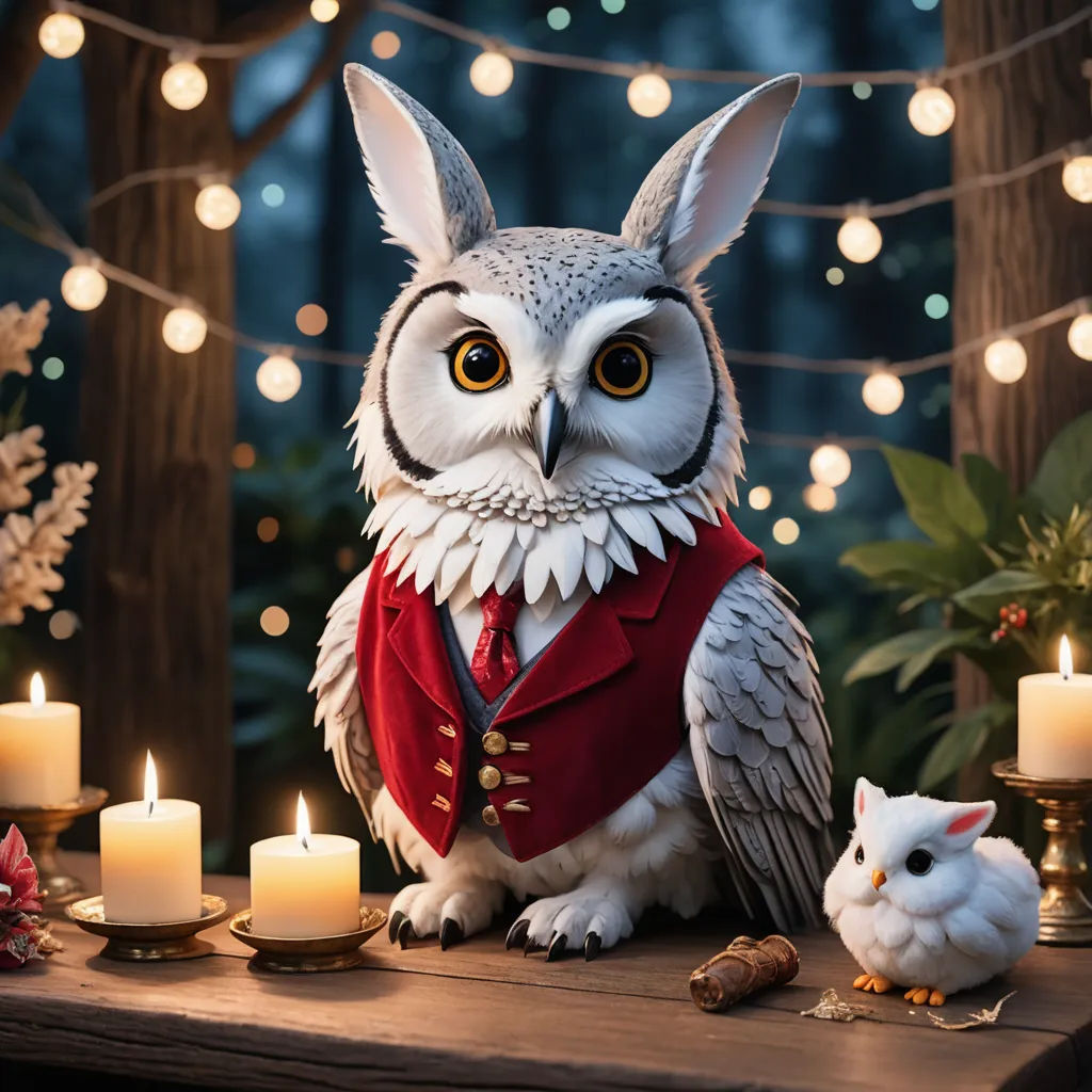 a stuffed owl is sitting on a table with candles and a christmas tree in the background with lights on, photorealism, a 3D render, Chris LaBrooy, unreal engine 5 quality render