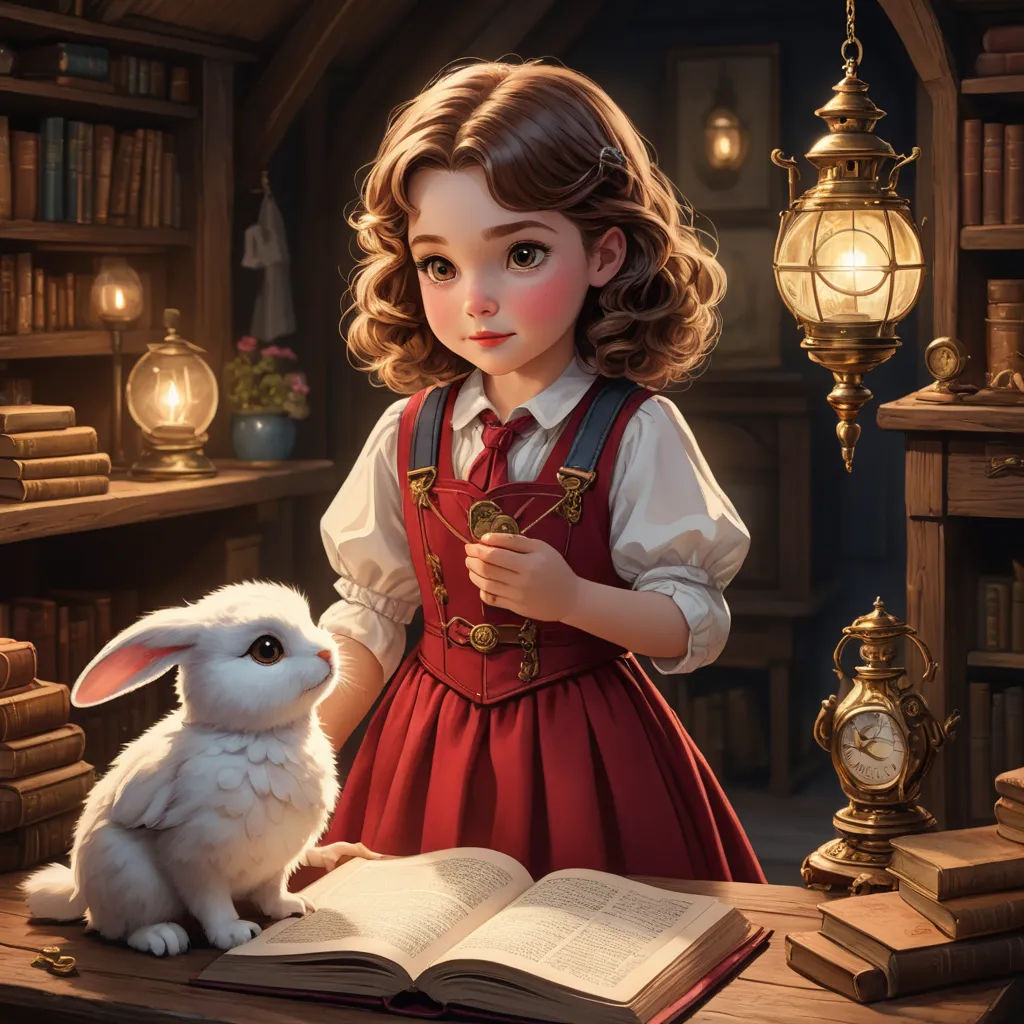 a little girl in a red dress is holding a book and a white rabbit is sitting on a table, fantasy art, a storybook illustration, Alice Prin, storybook illustration