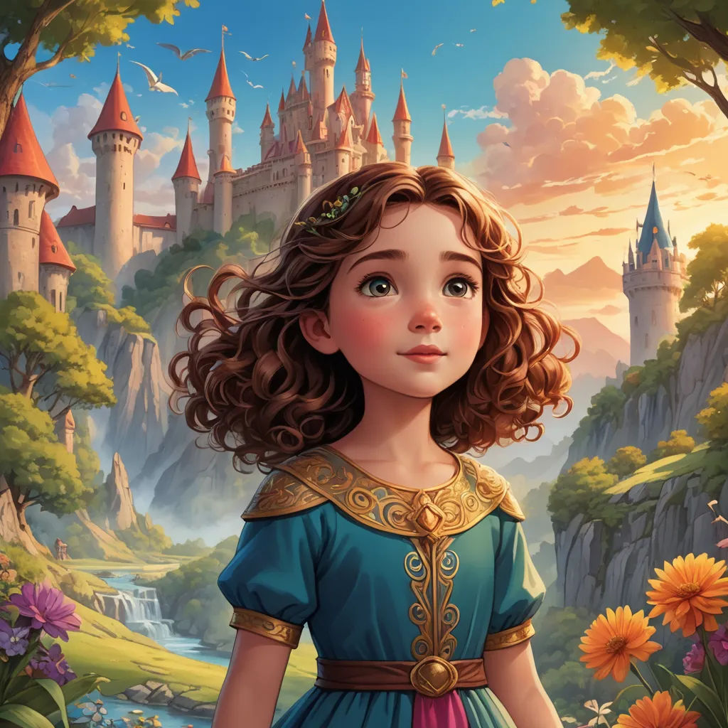a young girl in a blue dress standing in front of a castle with flowers and a stream of water, fantasy art, a storybook illustration, Cliff Childs, kinkade