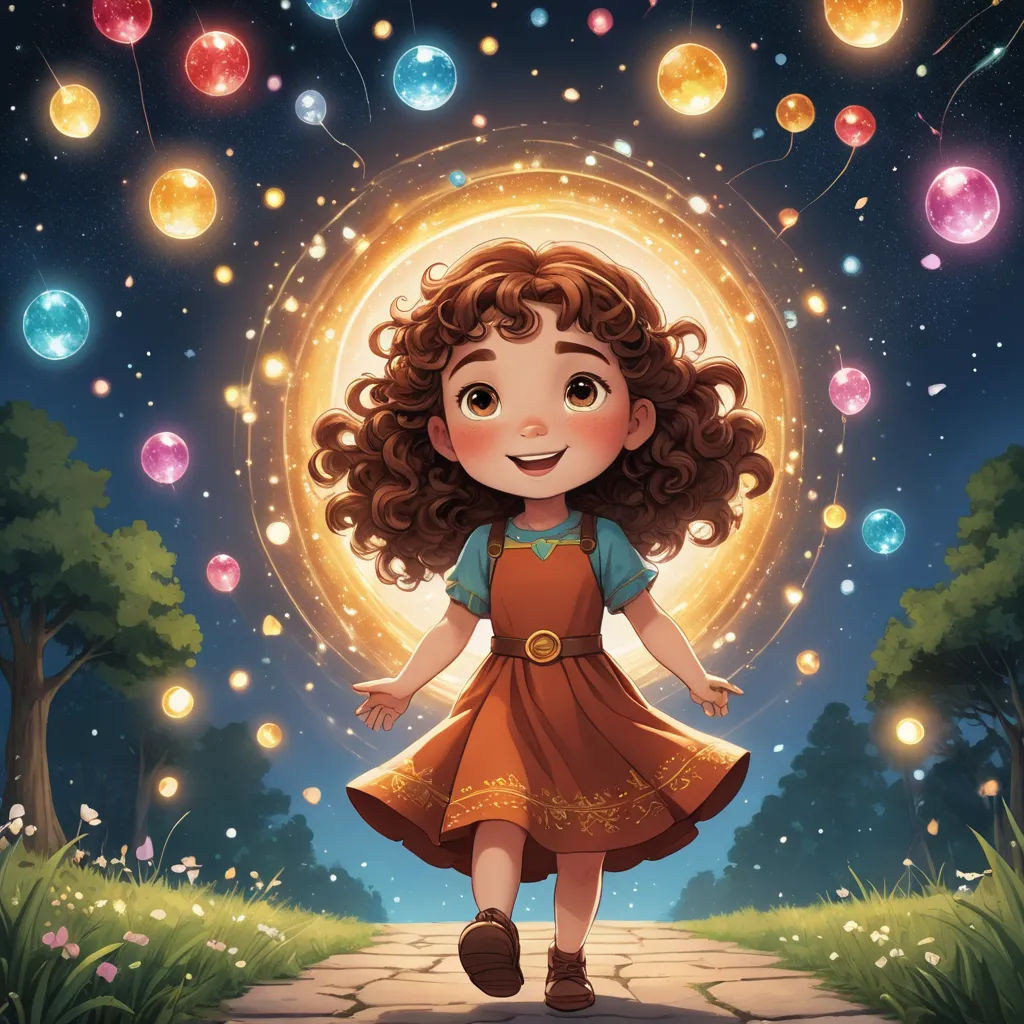 a little girl is walking down a path with bubbles in the air above her head and a sun in the background, fantasy art, a storybook illustration, Diego Gisbert Llorens, official art