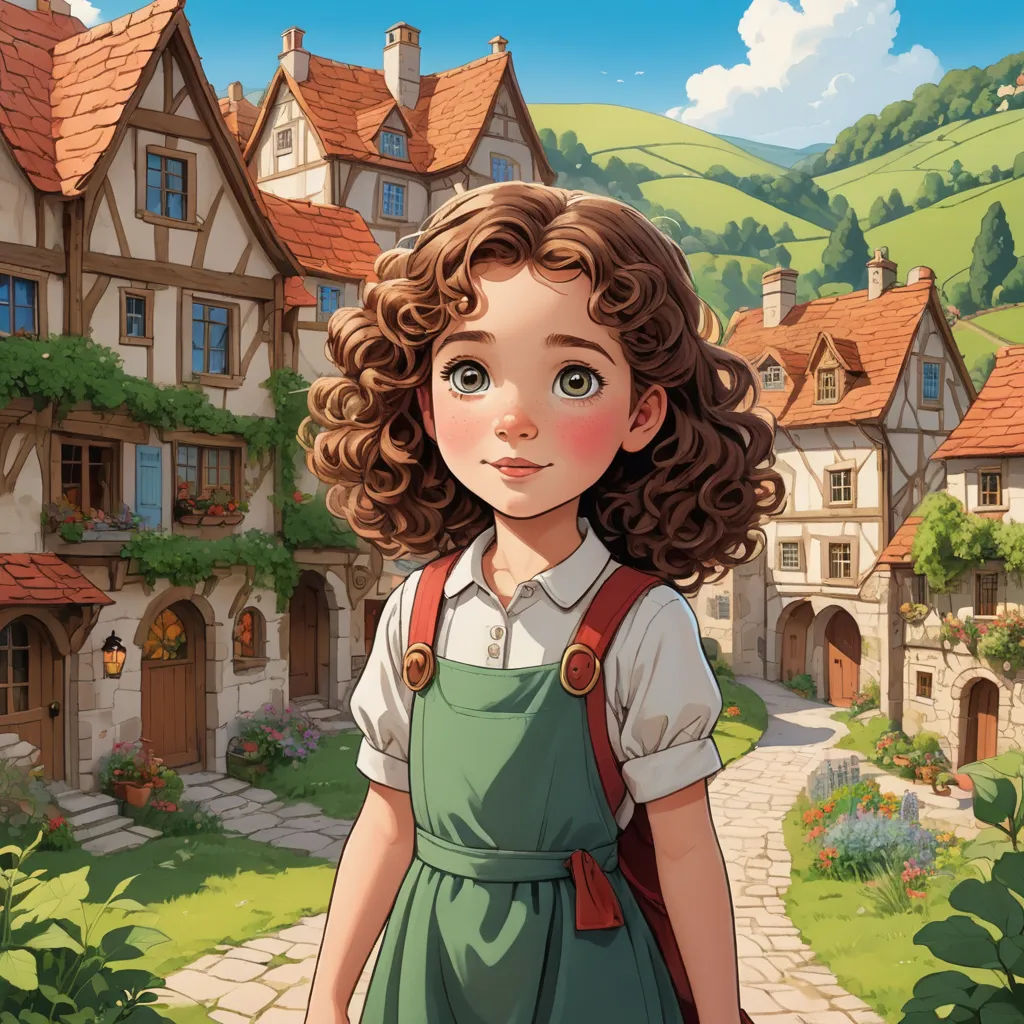 a girl in a green dress standing in front of a house with a red roof and a red brick walkway, fantasy art, a storybook illustration, Claire Falkenstein, storybook illustration