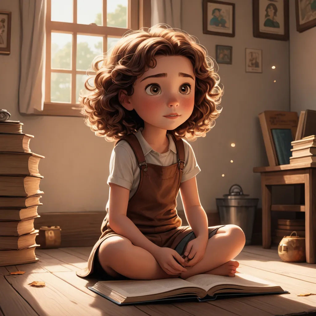 a cartoon girl sitting on the floor with a book in front of her and a stack of books behind her, fantasy art, a storybook illustration, Clarice Beckett, cgstudio
