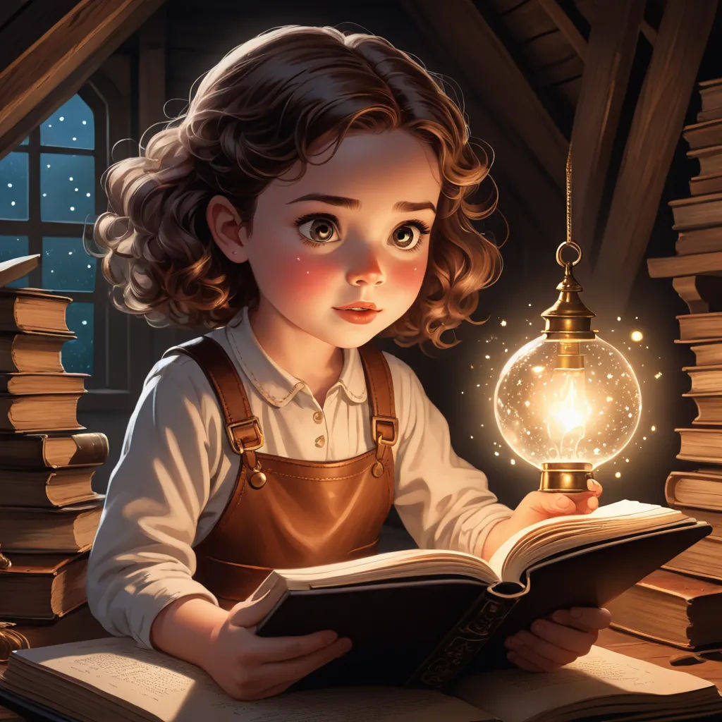 a girl reading a book while holding a light bulb in her hand and looking at it with a book in front of her, fantasy art, a storybook illustration, Charlie Bowater, storybook illustration