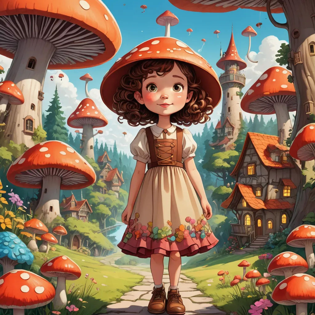 a little girl standing in front of a mushroom forest with mushrooms and houses in the background illustration by alex macdola, fantasy art, a storybook illustration, Alice Prin, rossdraws global illumination