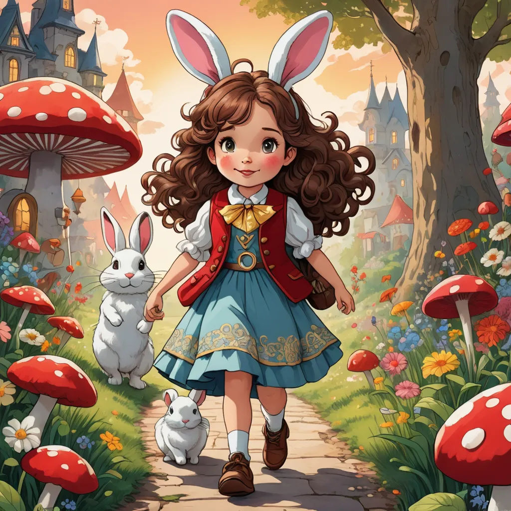 a girl in a dress and bunny ears walking down a path in a forest with mushrooms and mushrooms on either side of her, fantasy art, a storybook illustration, Alice Prin, rossdraws global illumination