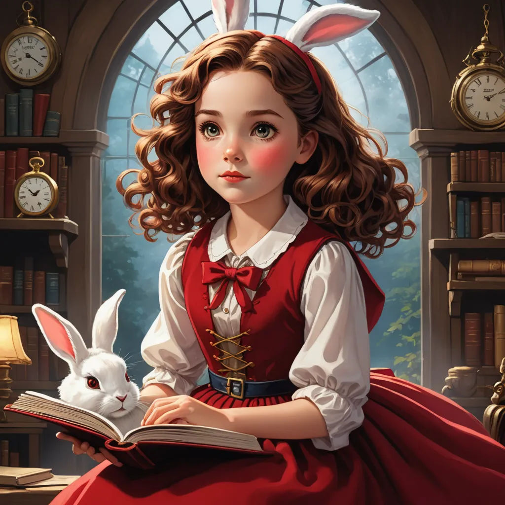a girl in a red dress is reading a book with a rabbit in her lap and a clock in the background, fantasy art, a storybook illustration, Alice Prin, storybook illustration
