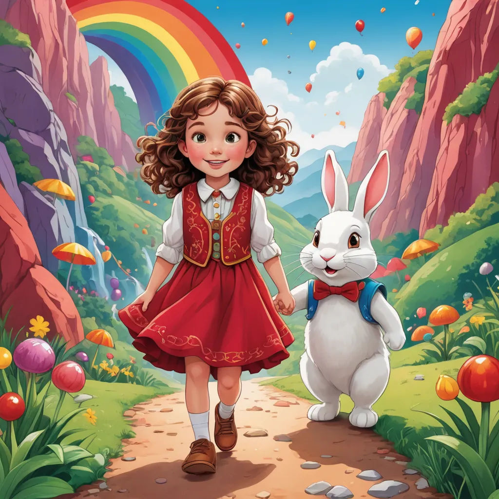a girl and a bunny are walking through the woods together with a rainbow in the background illustration by alex krawc, naive art, a storybook illustration, Alice Prin, promotional image