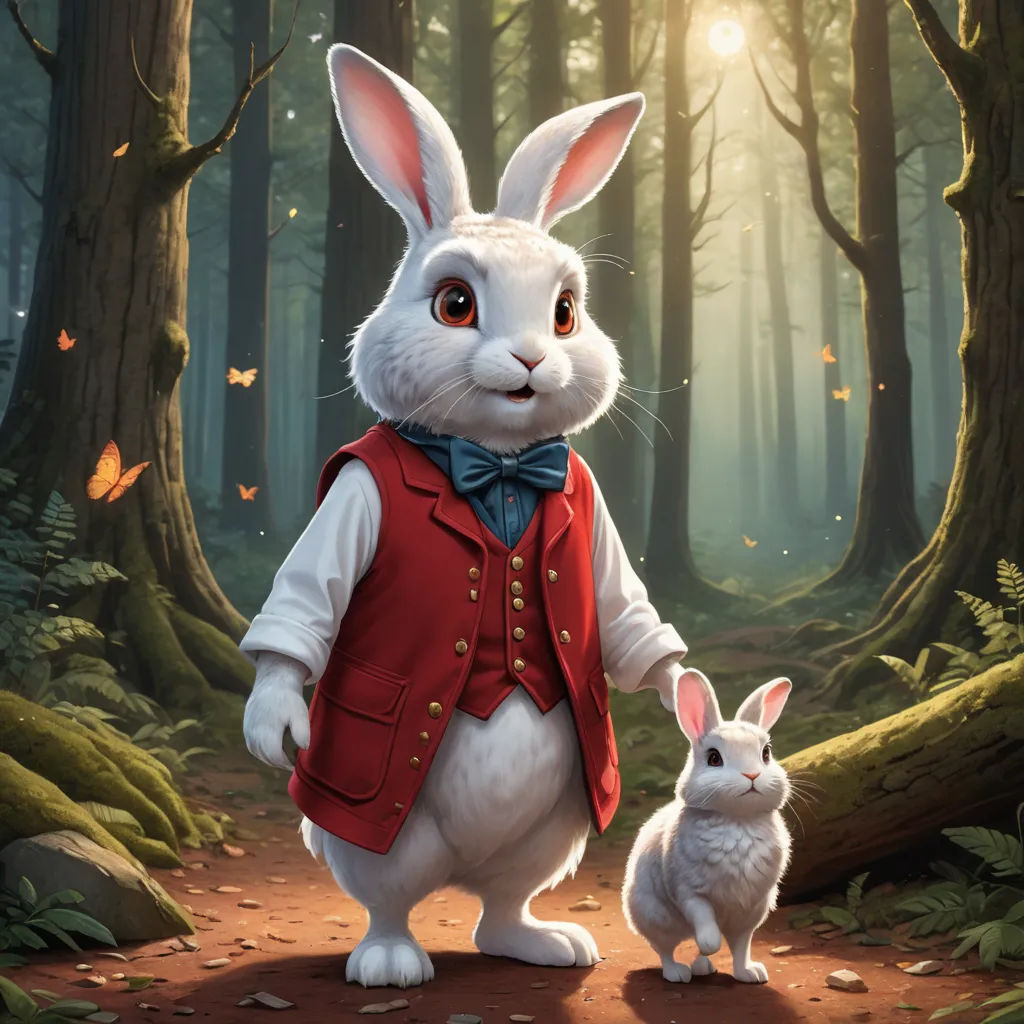 a rabbit and a rabbit in a forest with a light shining through the trees and leaves on the ground, fantasy art, a storybook illustration, Chris LaBrooy, rossdraws global illumination