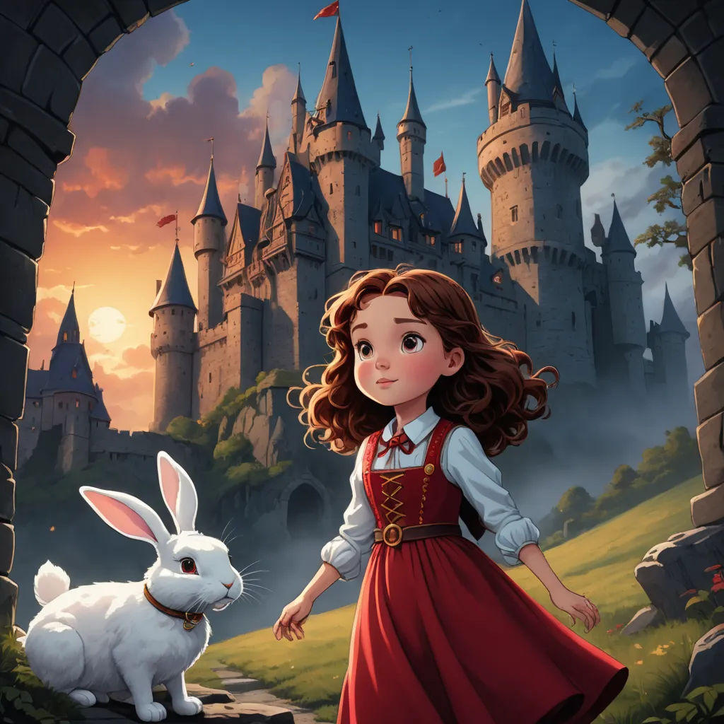 a girl in a red dress standing next to a white rabbit in front of a castle with a castle in the background, fantasy art, a storybook illustration, Clarice Beckett, kinkade