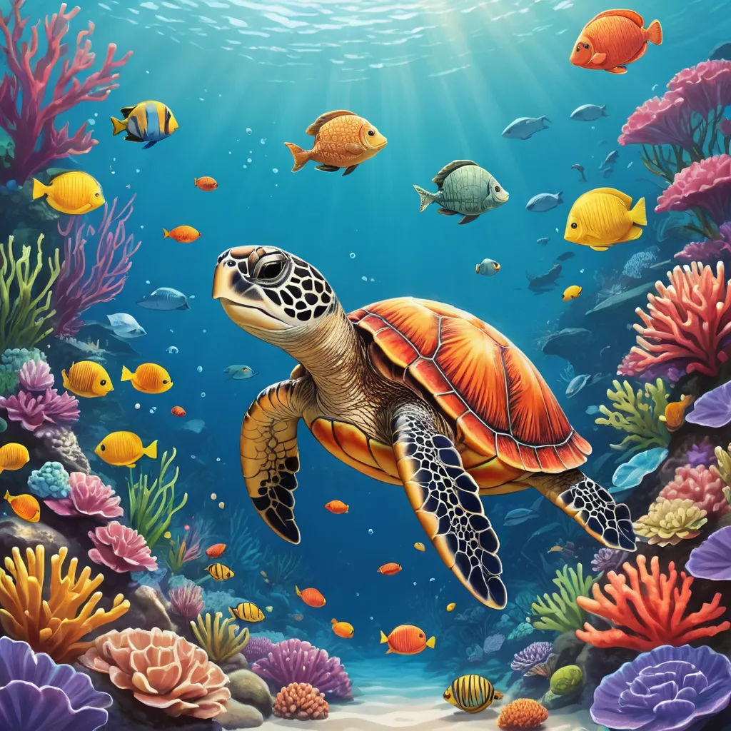 a painting of a turtle swimming in the ocean with fish and corals around it, with sunlight streaming through the water, fantasy art, an airbrush painting, Chris LaBrooy, highly detailed digital painting