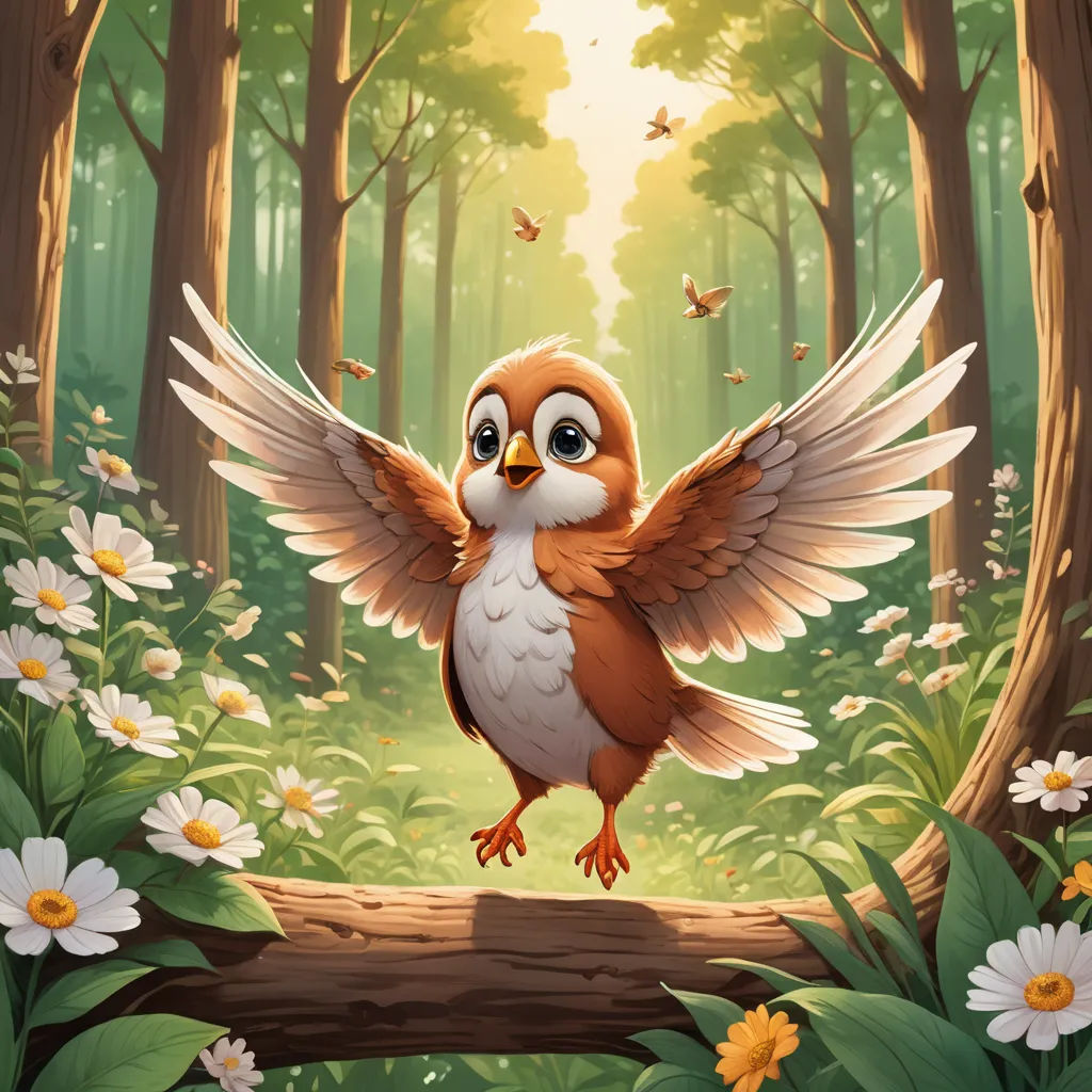 a bird with wings spread in a forest with daisies and butterflies flying around it, with a sunbeam in the background, fantasy art, a storybook illustration, Chris LaBrooy, game art