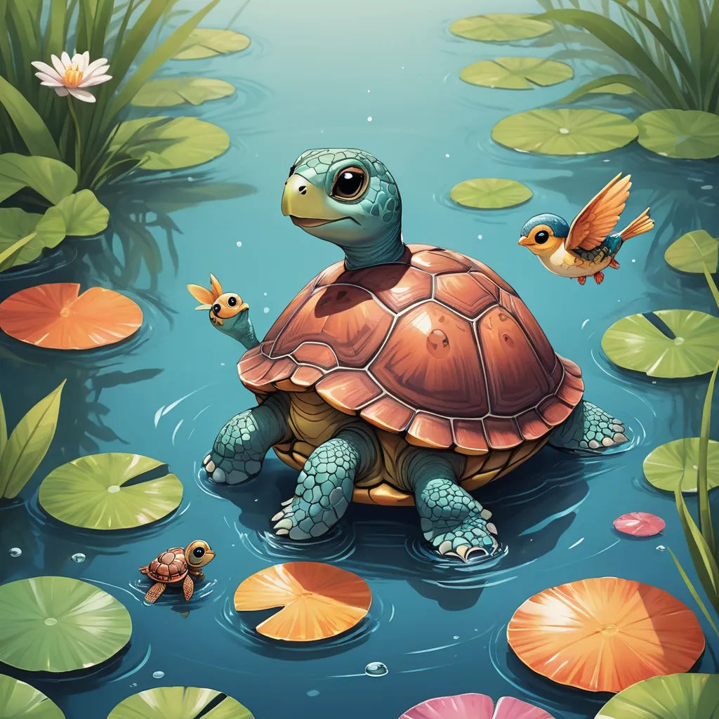 a turtle and two birds in a pond with lily pads and lily pads on the water and lily pads on the ground, fantasy art, a storybook illustration, Chris LaBrooy, highly detailed digital painting