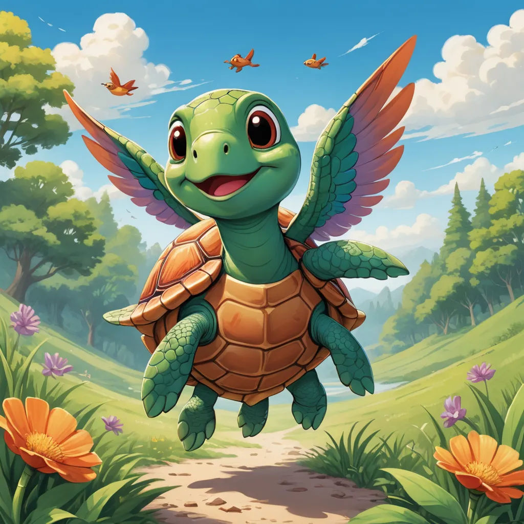 a cartoon turtle with wings flying over a field of flowers and trees with butterflies in the sky above it, altermodern, a storybook illustration, Chris LaBrooy, magic the gathering artwork