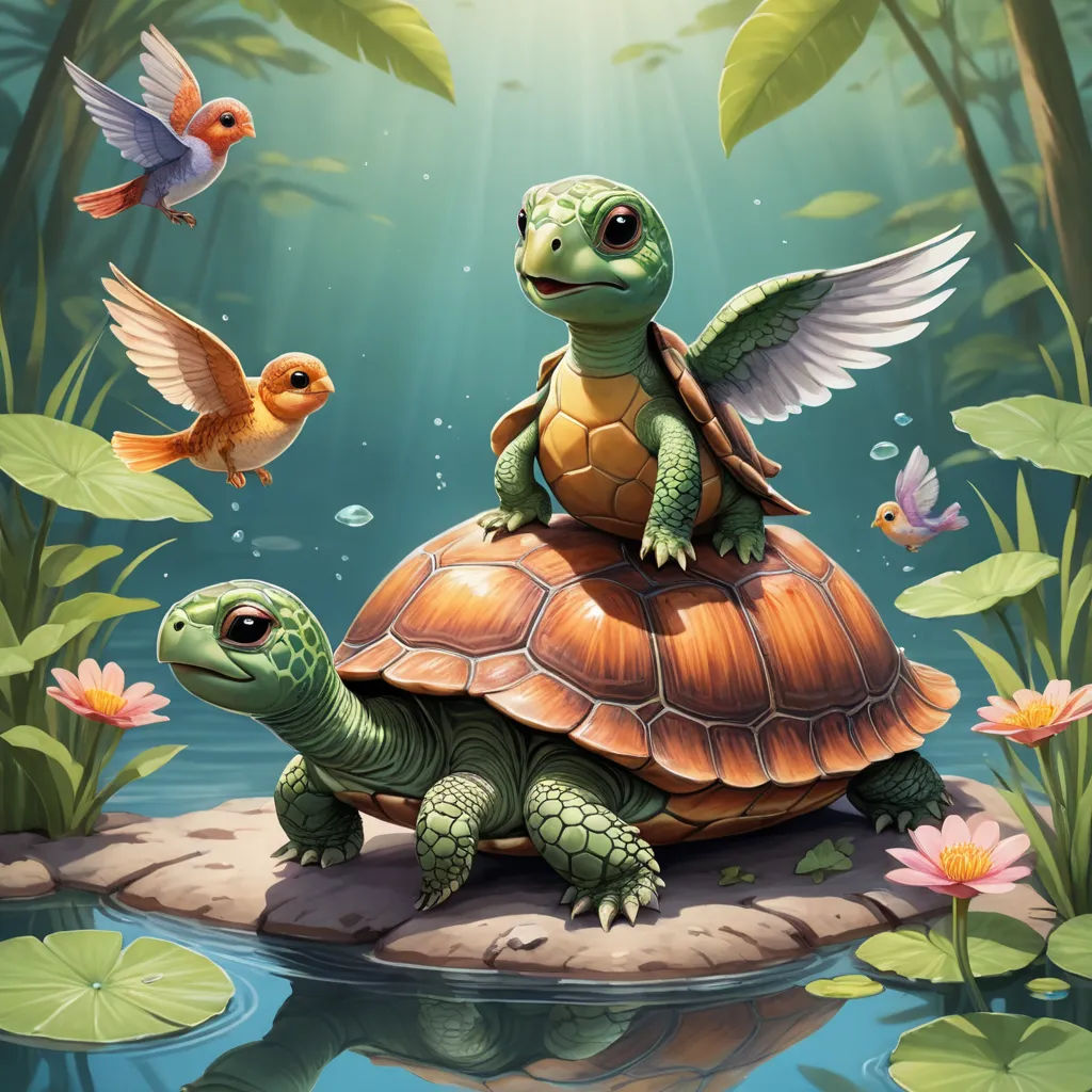 a turtle and a bird are sitting on a turtle in the water with lily pads and leaves surrounding it, fantasy art, a storybook illustration, Chris LaBrooy, highly detailed digital painting