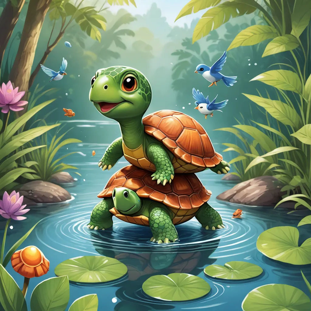 a turtle in the middle of a pond surrounded by flowers and birds, with a bird flying above it, sots art, a storybook illustration, Chris LaBrooy, highly detailed digital painting
