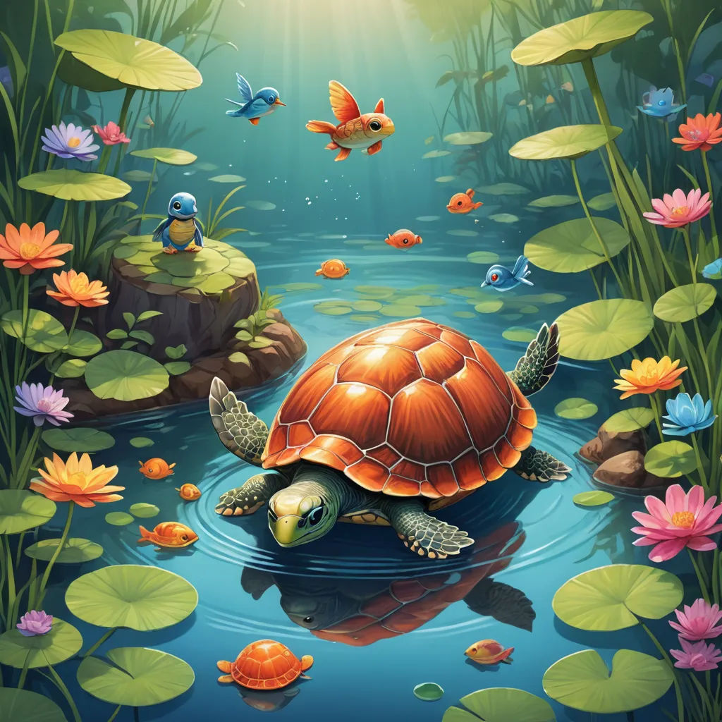 a turtle swimming in a pond with lily pads and butterflies flying around it, with a sunbeam in the background, fantasy art, a storybook illustration, Chris LaBrooy, highly detailed digital painting