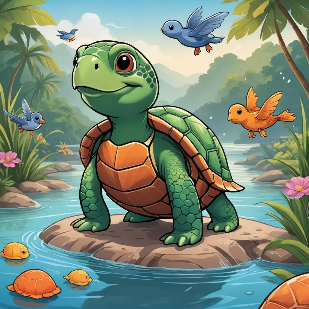 a turtle is sitting on a rock in the water and birds are flying around him and the turtle is looking at the camera, sots art, a storybook illustration, Chris LaBrooy, game art