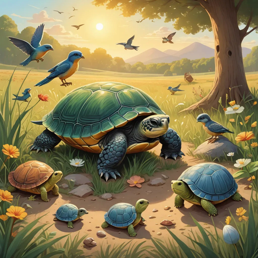 a painting of a turtle and birds in a field of grass and flowers with a tree in the background, american scene painting, a storybook illustration, Chris LaBrooy, official art