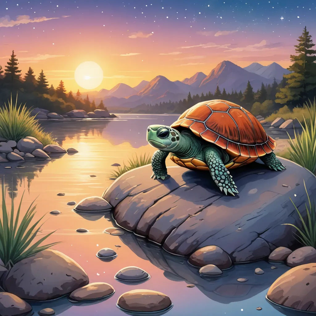 a turtle on a rock in the middle of a river at sunset or sunrise with a mountain range in the background, sots art, a storybook illustration, Dan Mumford, storybook illustration
