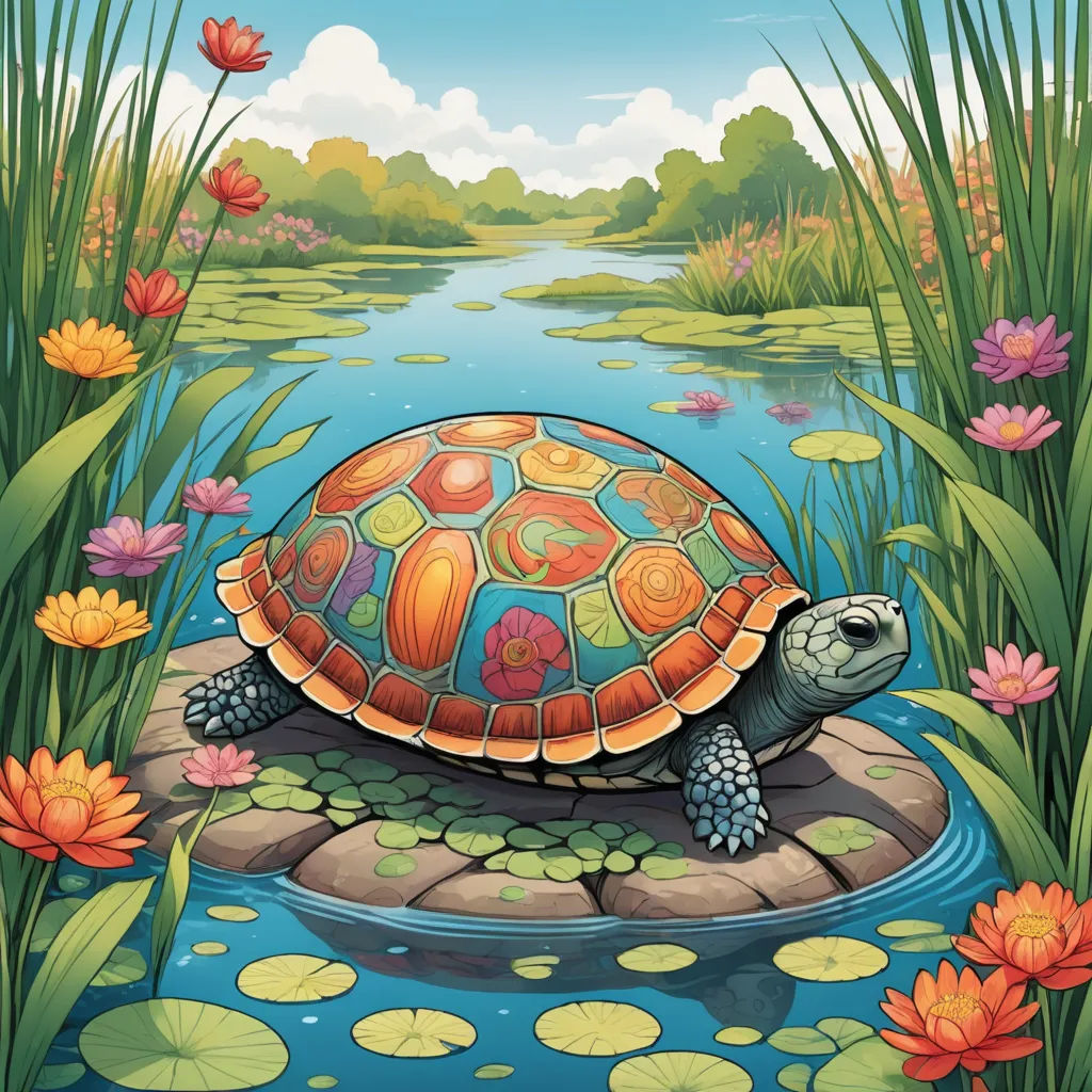a turtle is sitting on a rock in the water surrounded by flowers and lily pads, with a river in the background, psychedelic art, a storybook illustration, Chris LaBrooy, highly detailed digital painting