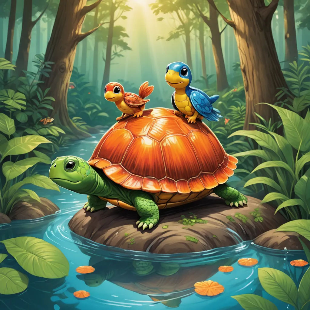 a turtle and two birds sitting on top of a turtle in a forest with a stream of water and trees, fantasy art, a storybook illustration, Chris LaBrooy, official art