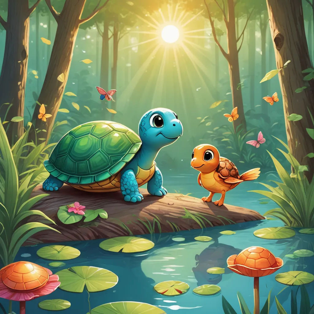 a turtle and a turtleling are standing on a log in the forest with lily pads and butterflies flying around, sots art, a storybook illustration, Chris LaBrooy, game art
