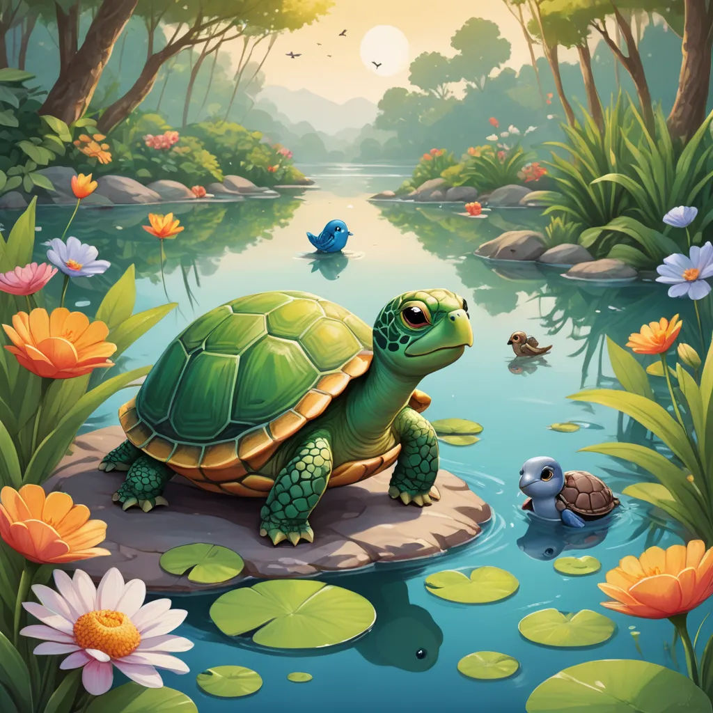 a turtle and a turtleling in a pond of water surrounded by flowers and plants with a bird flying above, fantasy art, a storybook illustration, Chris LaBrooy, highly detailed digital painting