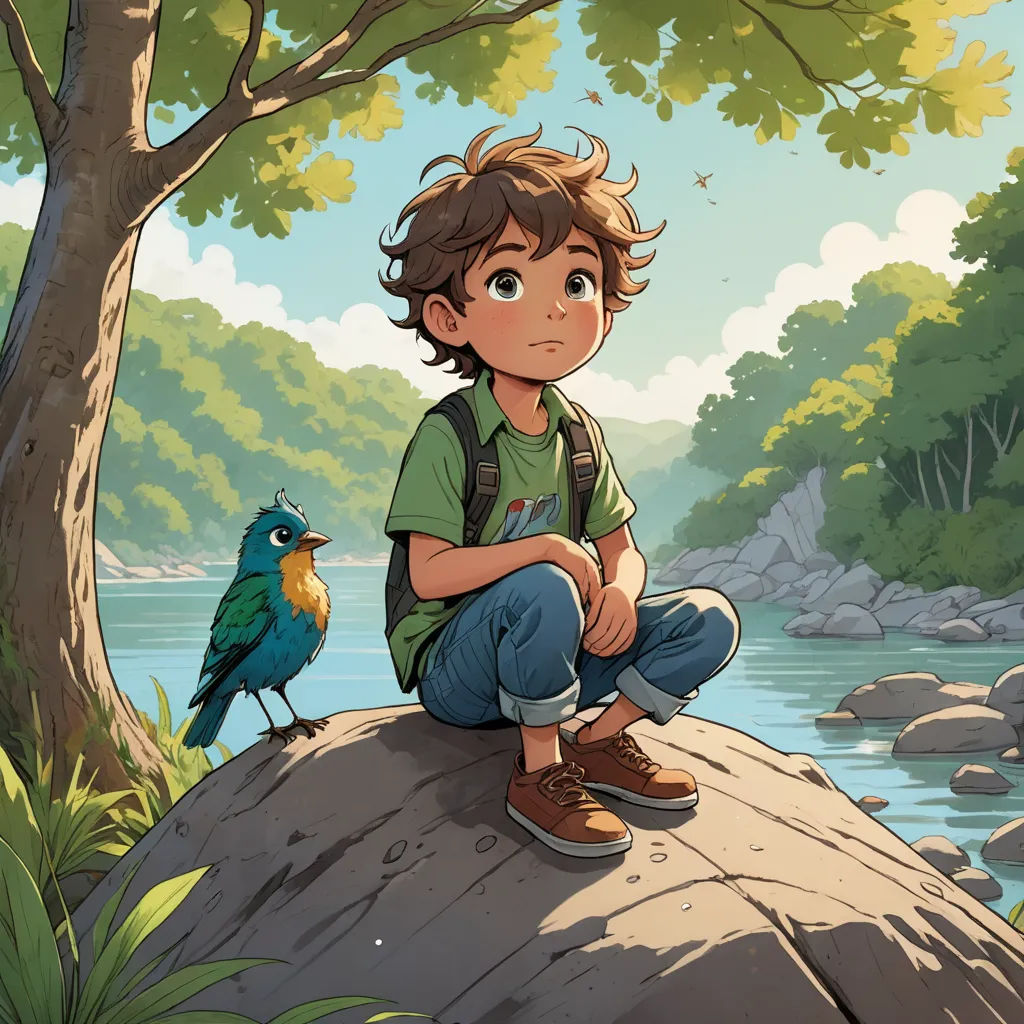 a boy sitting on a rock next to a bird on a river bank with a tree in the background, environmental art, a storybook illustration, Cliff Childs, official art